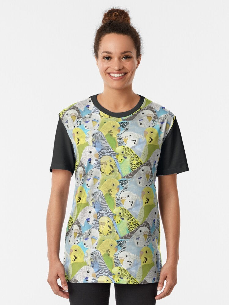 Colorful graphic t-shirt featuring a design of cute budgie parakeets - Women