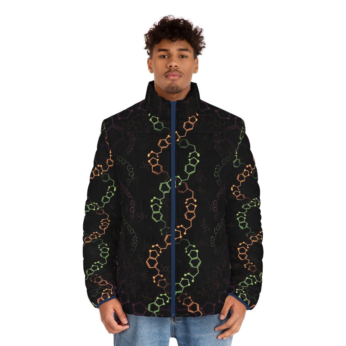 Psychedelic molecule-inspired puffer jacket with trippy, visionary design - men front