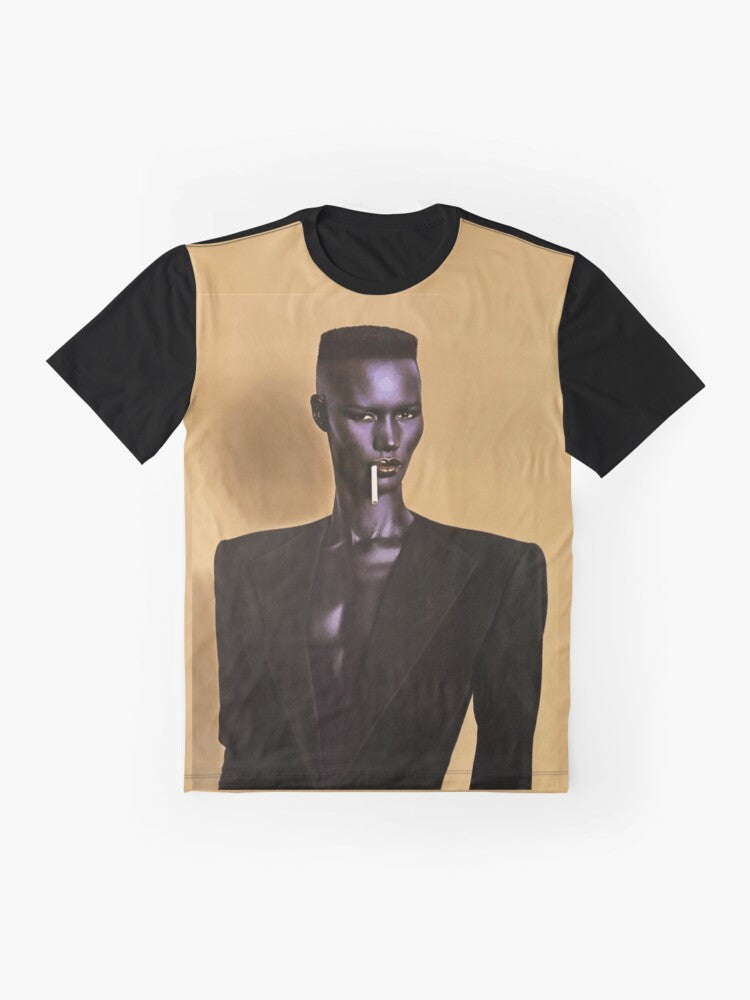 Graphic T-shirt featuring iconic image of Grace Jones, the legendary Jamaican singer and model known for her unique style and music in the 1980s. - Flat lay