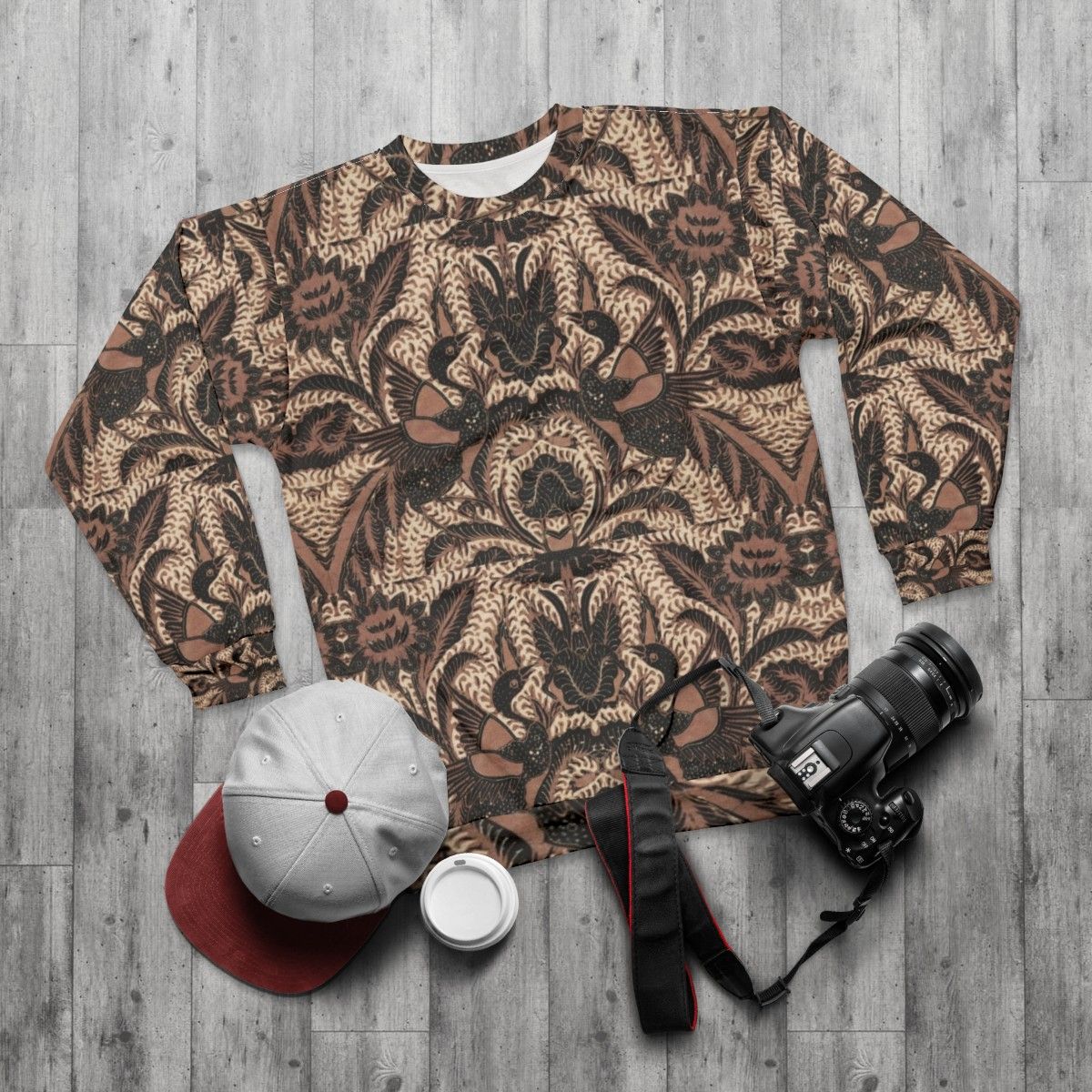 Batik Sweatshirt with Traditional Indonesian Bird and Flower Designs - flat lay