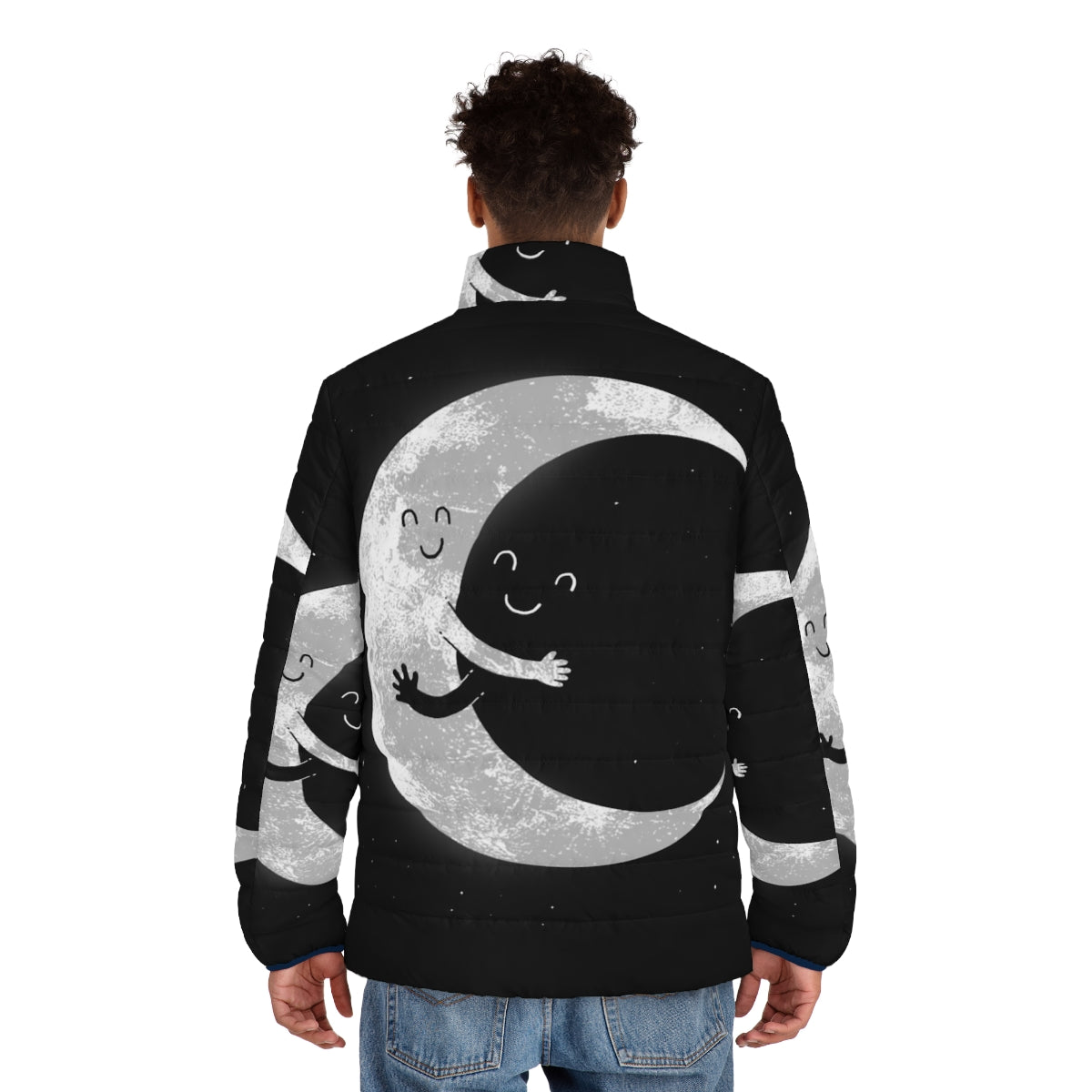 Moon Puffer Jacket with Smiley Face Design - men back