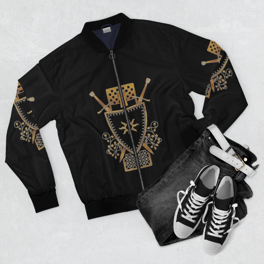 Gwent Nilfgaard Faction Bomber Jacket with Nilfgaardian Sun Logo - Flat lay