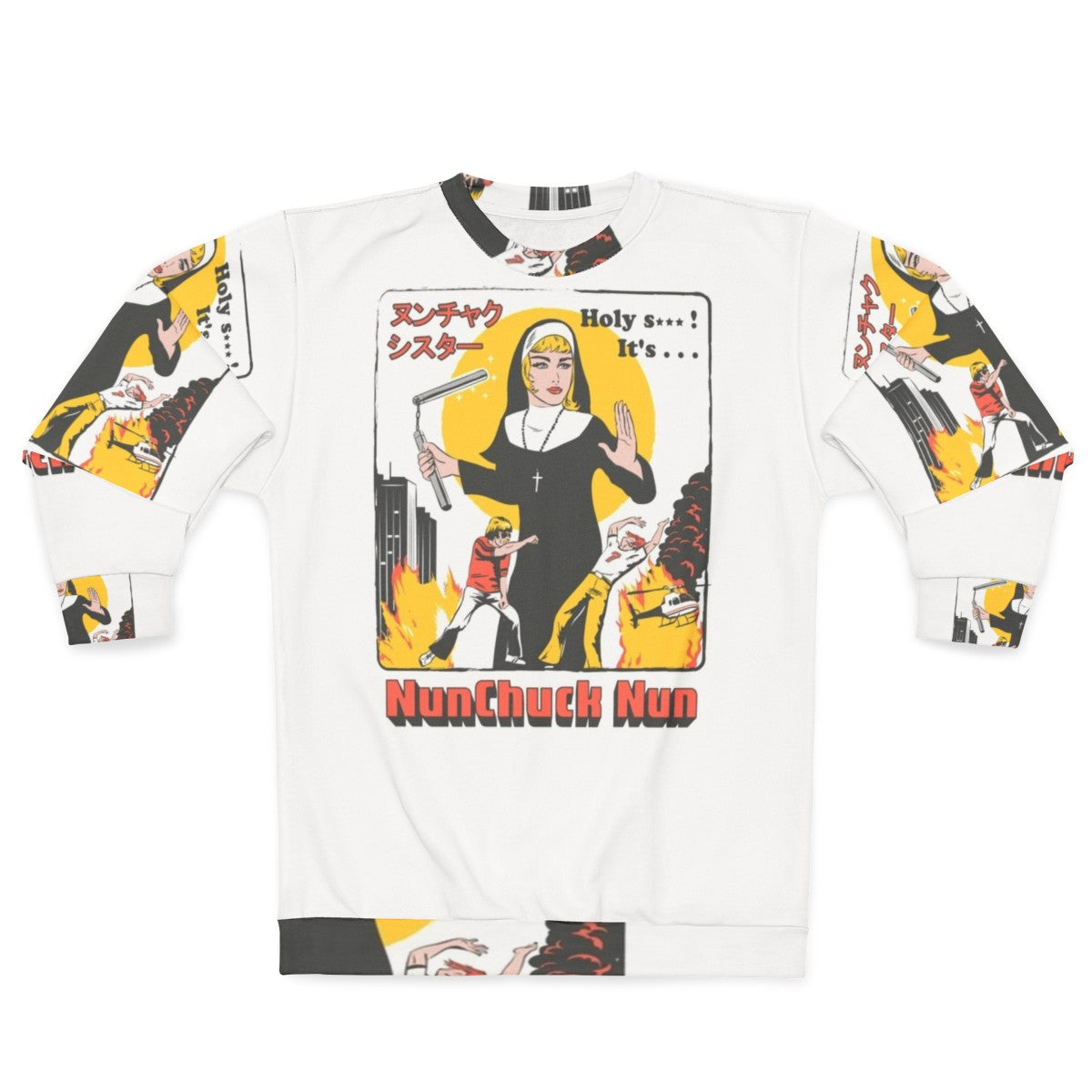 Nunchaku nun sweatshirt with retro pop culture design