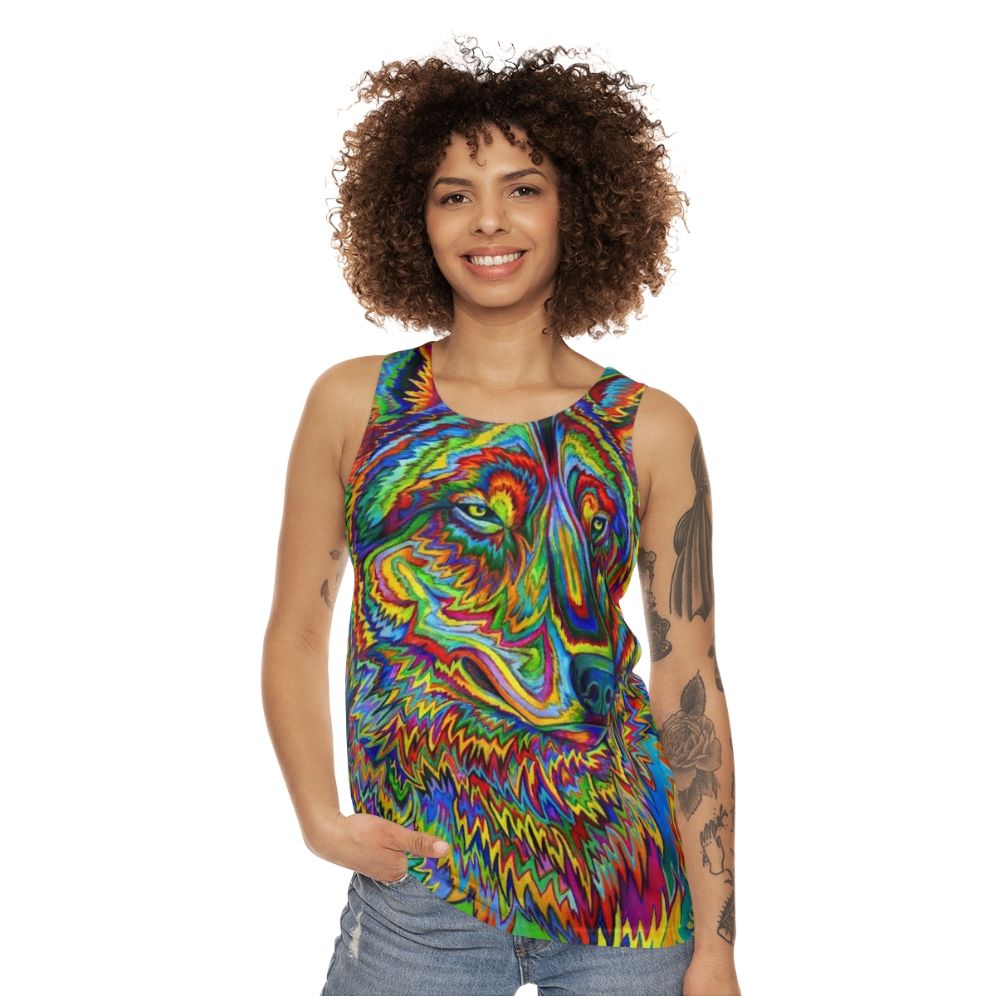 Colorful psychedelic rainbow wolf tank top design - women