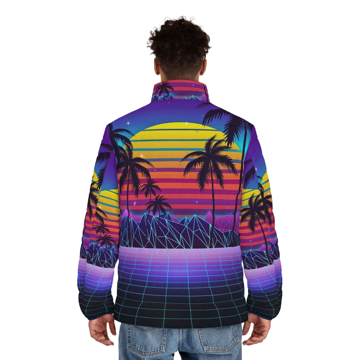 Radiant sunset synthwave puffer jacket with futuristic aesthetic - men back