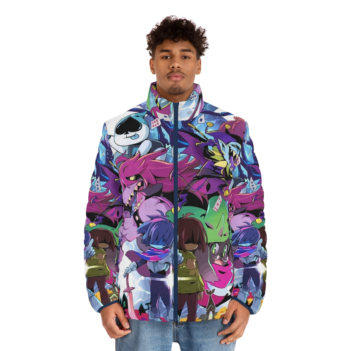 Deltarune Adventure Puffer Jacket with Kris, Susie, and Ralsei graphic - men front