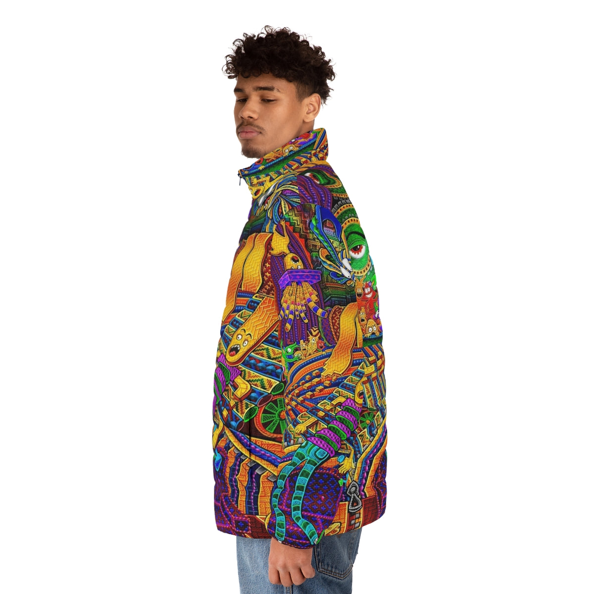 Puffer jacket with psychedelic, visionary art design inspired by altered states of consciousness - men side left