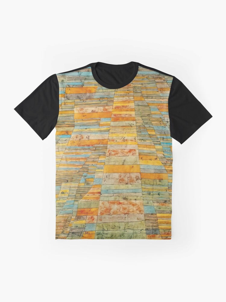 Vintage-inspired graphic t-shirt featuring Paul Klee's iconic "Red Balloon" painting in a childlike, abstract style. - Flat lay