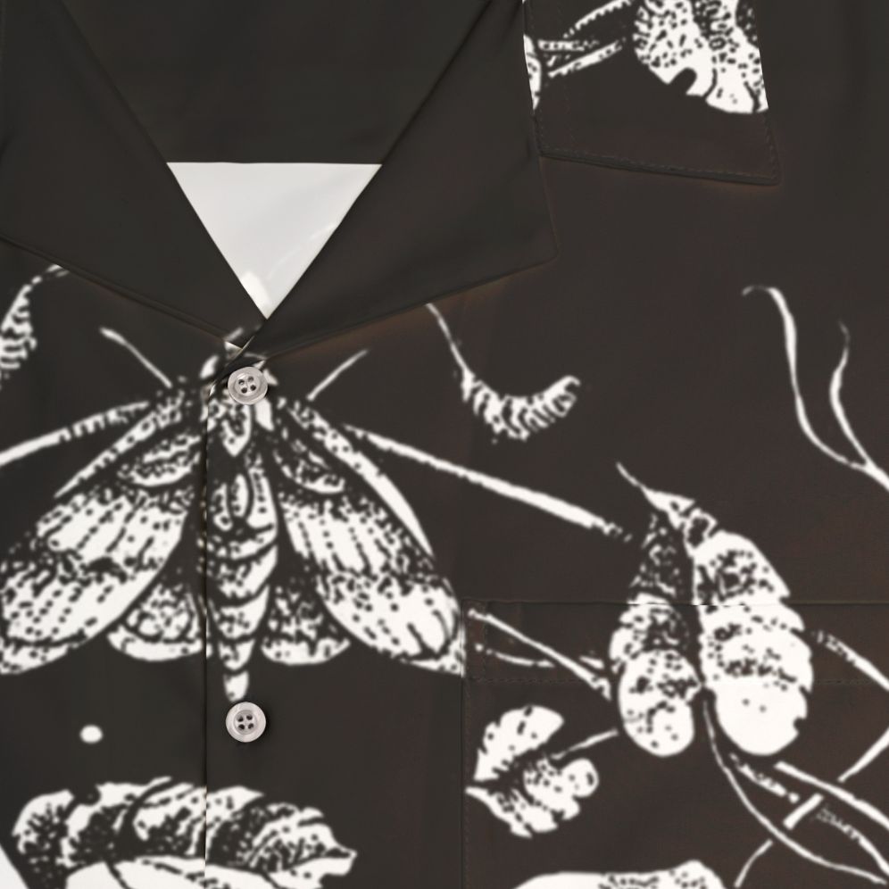 Dark and mysterious black and white Hawaiian shirt with nature inspired graphic illustration - Detail