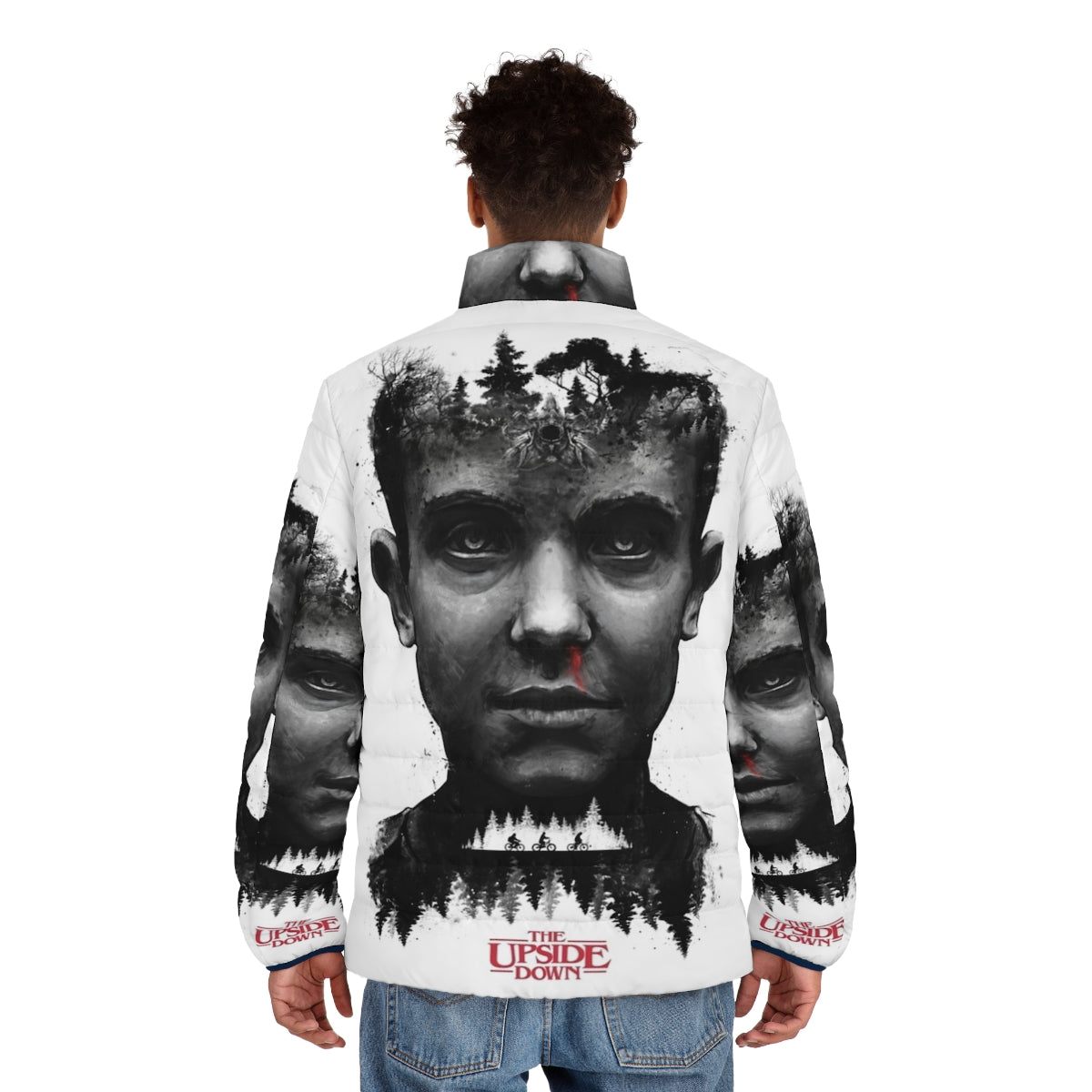 Stranger Things Eleven Surreal Puffer Jacket Art - men back