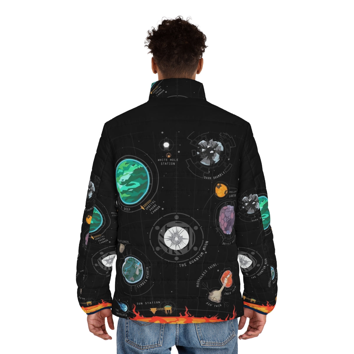 Outer Wilds Planetary Exploration Puffer Jacket featuring the Outer Wilds solar system and astral exploration - men back