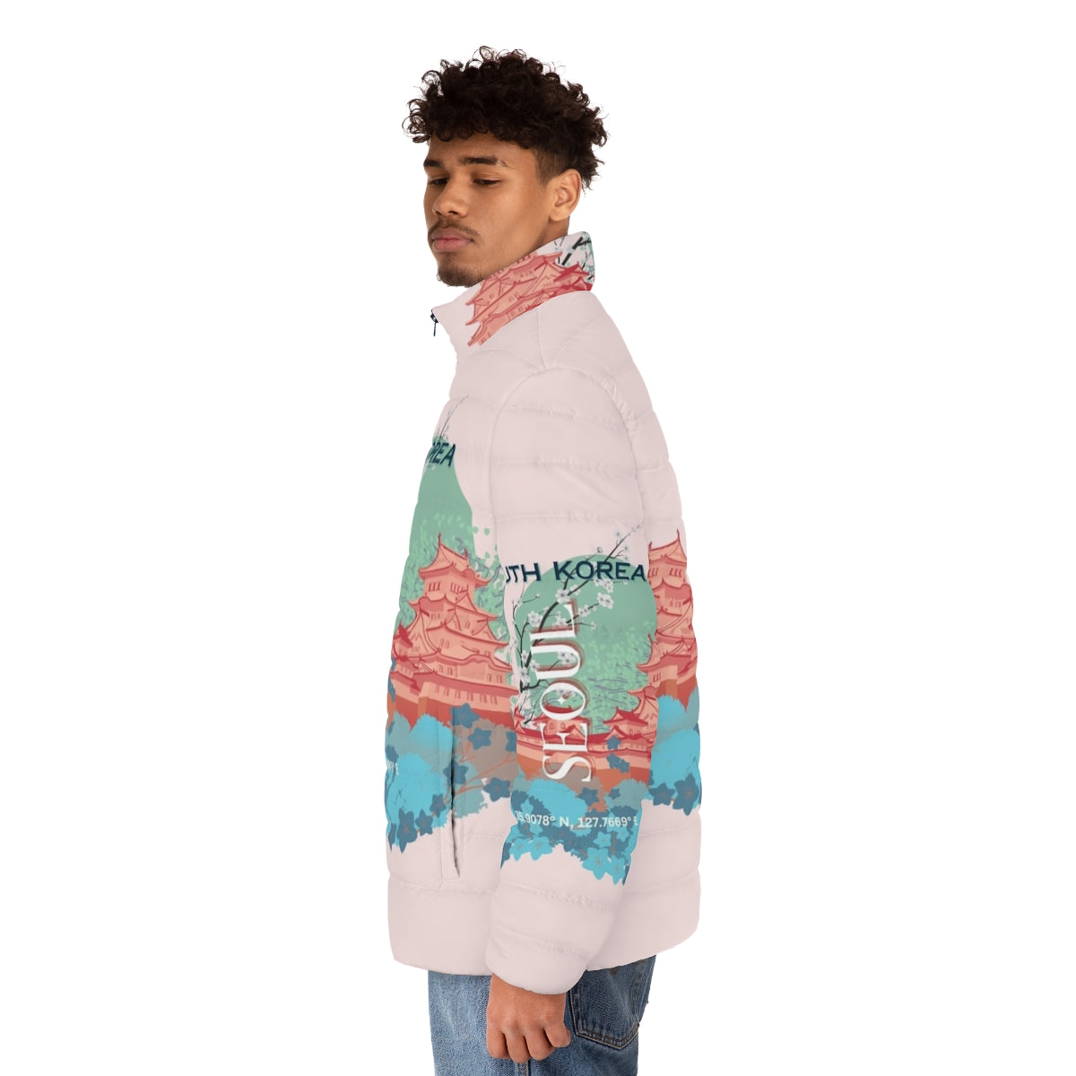 A stylish puffer jacket featuring a travel-inspired art design depicting the cityscape of Seoul, South Korea. - men side left