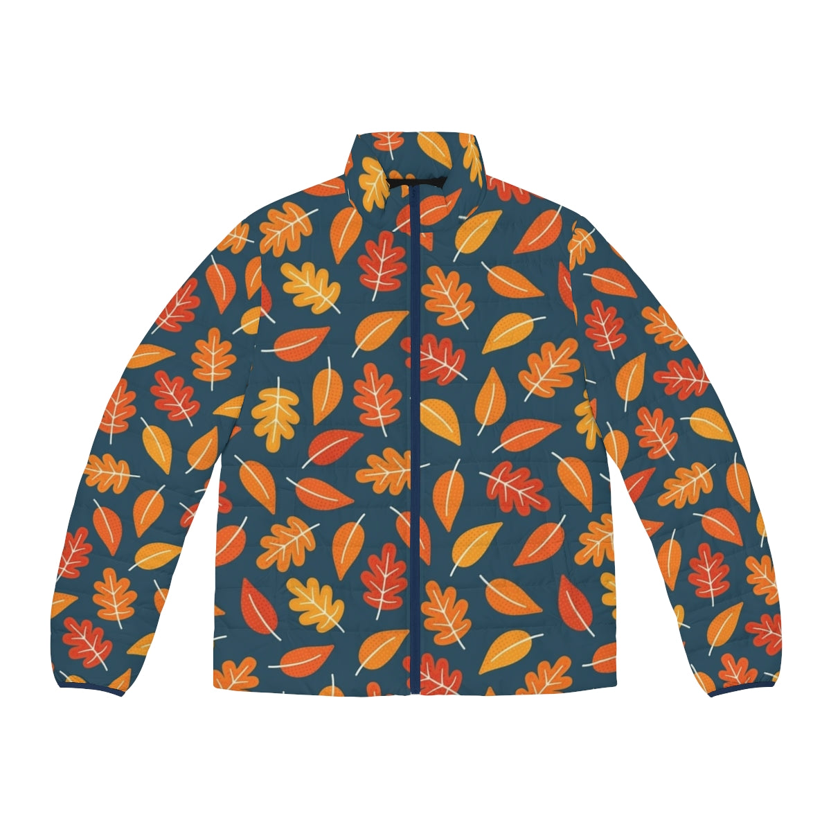 Retro autumn leaves indigo blue puffer jacket