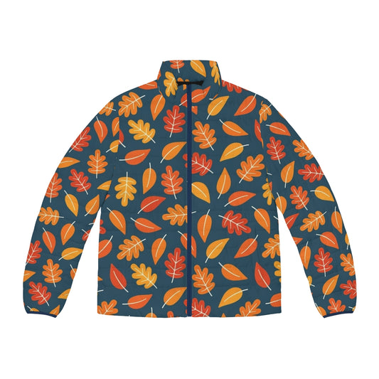 Retro autumn leaves indigo blue puffer jacket