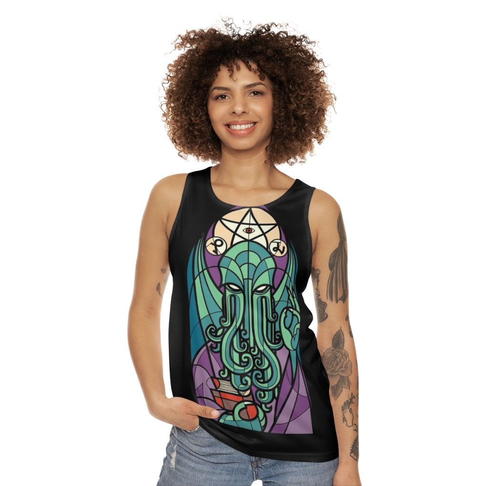 Lovecraftian Cthulhu unisex tank top with gothic fantasy horror design - women