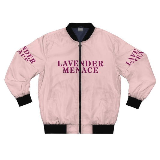 Vintage-style lavender menace feminist bomber jacket with retro design