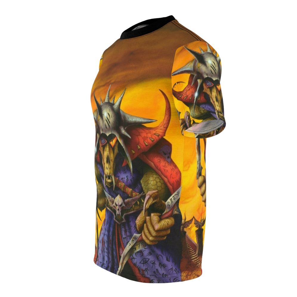 Fiery fantasy art inspired heavy metal t-shirt with skulls, snakes, bats, and villainous imagery - men left