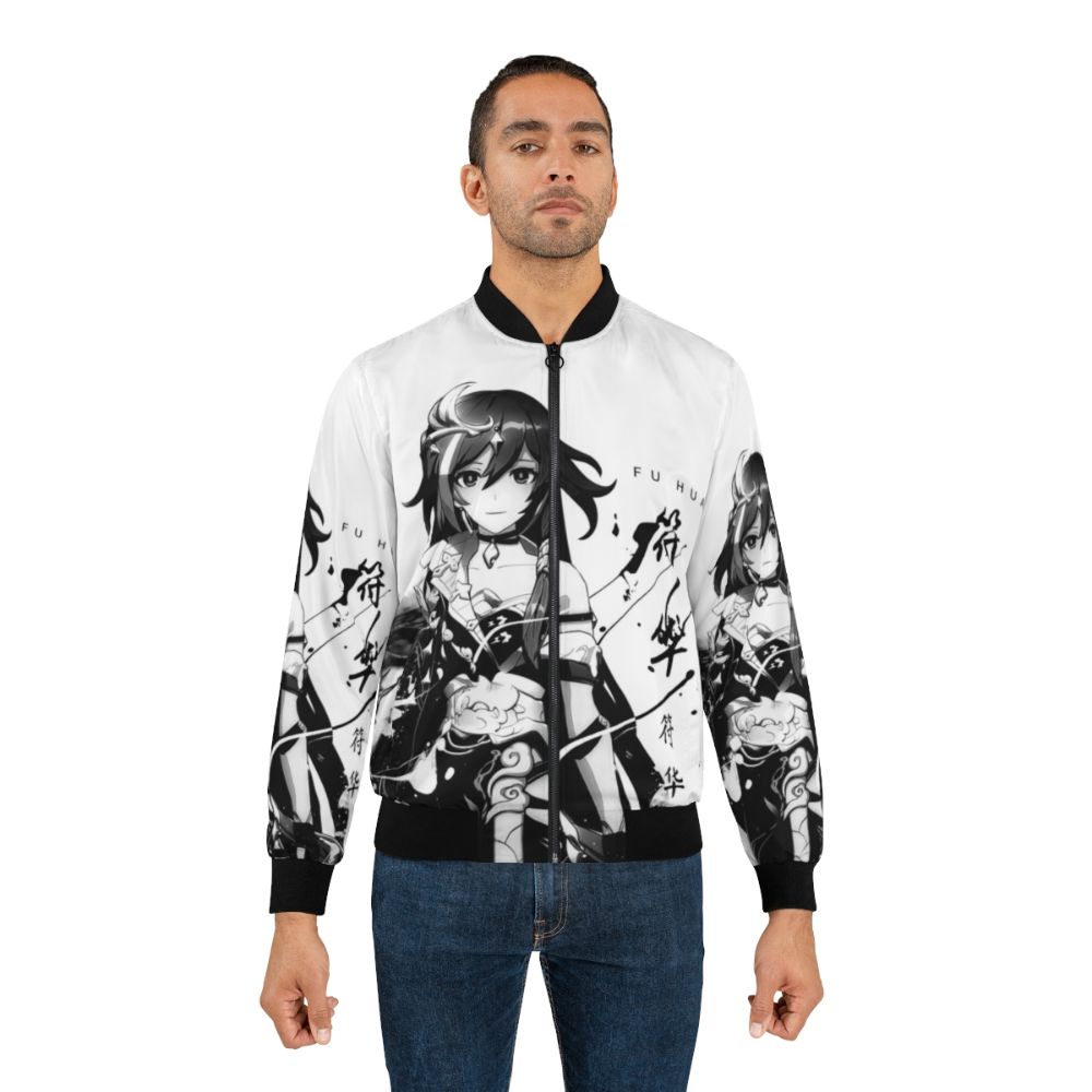 A dark, futuristic bomber jacket featuring the character Kiana Kaslana, the Herrscher of Sentience, from the game Honkai Impact. - Lifestyle