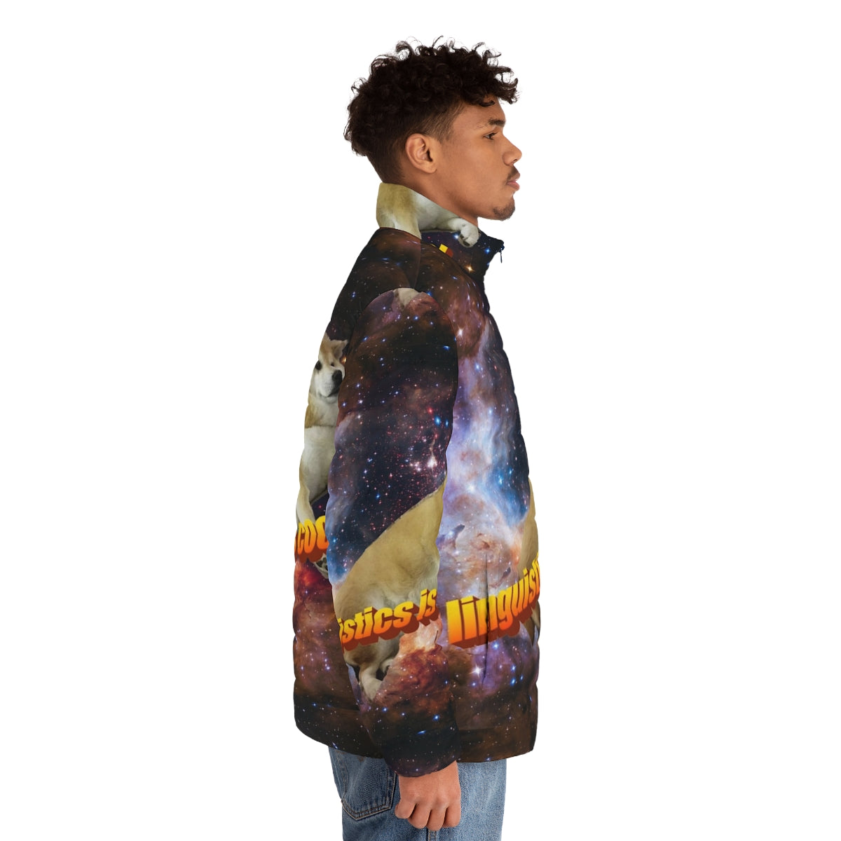 Linguistics themed puffer jacket with shiba inu graphic - men side right