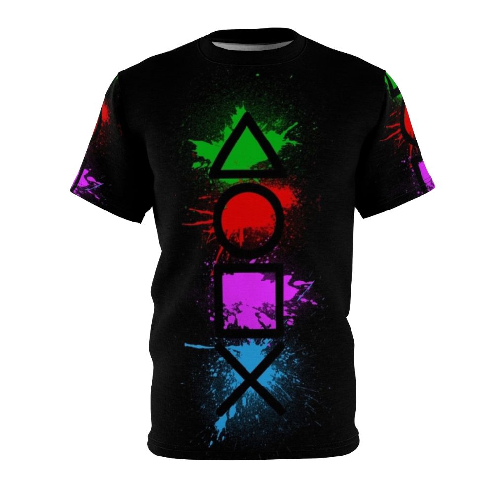 Graphic t-shirt featuring a splatter design of classic video game controller buttons