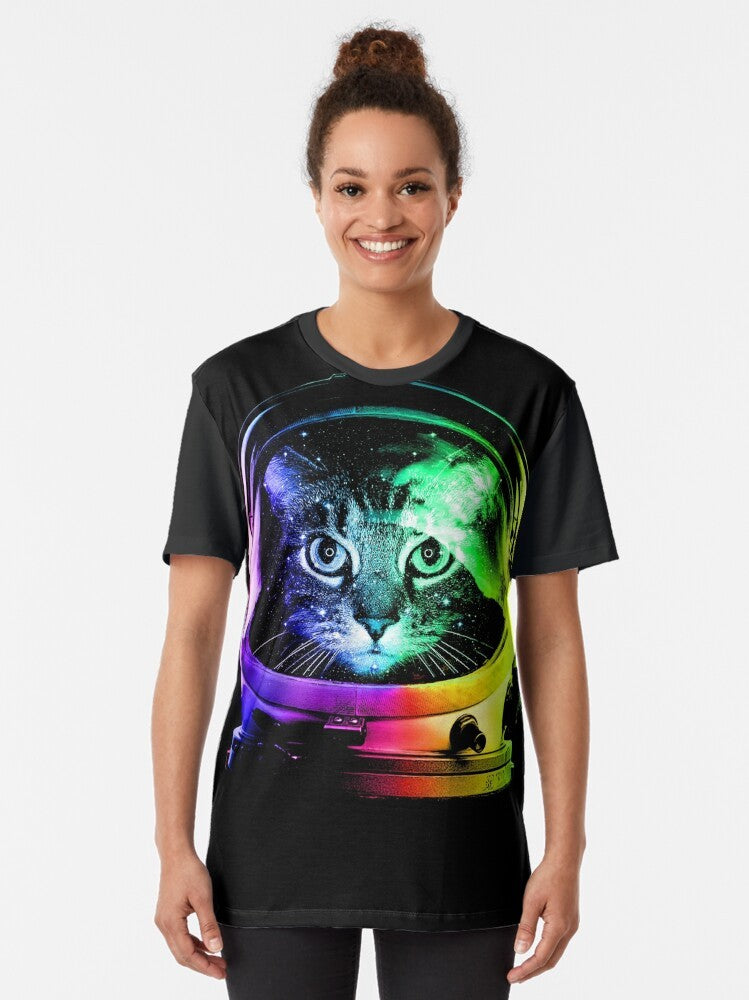 An adorable astronaut cat floating in the cosmos against a galaxy background - Women