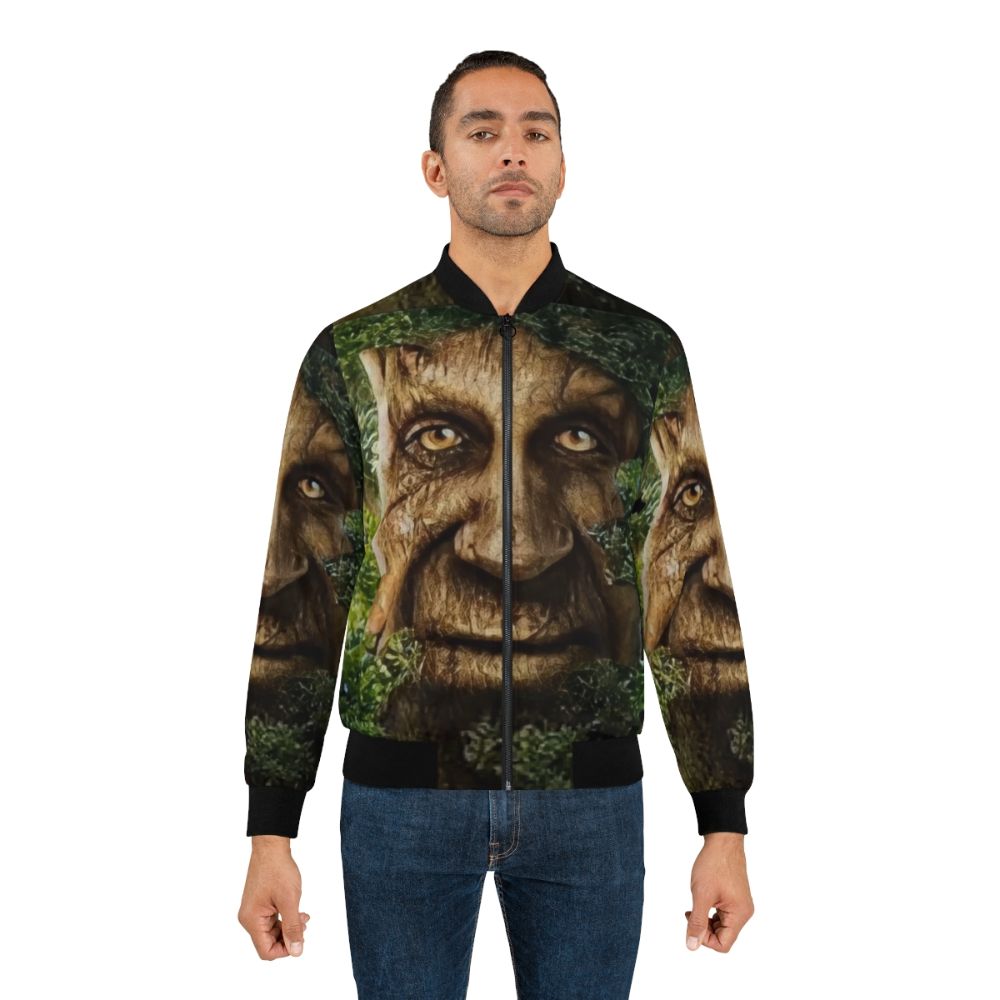 A bomber jacket featuring a graphic design of a wise, mystical tree meme. - Lifestyle