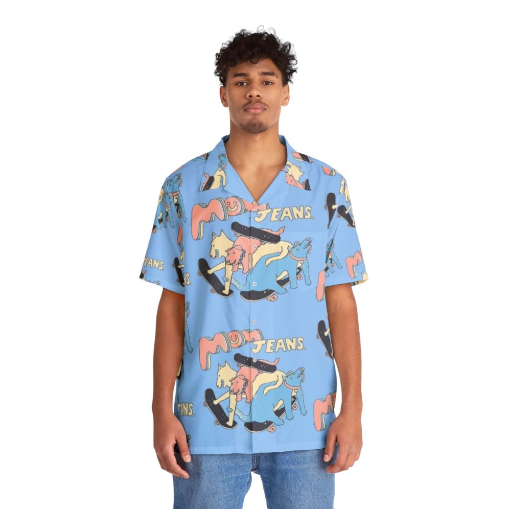 Vibrant Hawaiian shirt featuring a mom jeans band and puppy love design - People Front