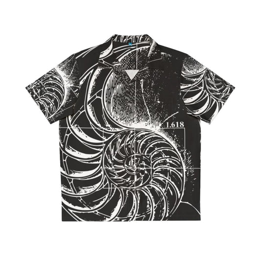 Fibonacci nautilus shell pattern on a black and white Hawaiian shirt