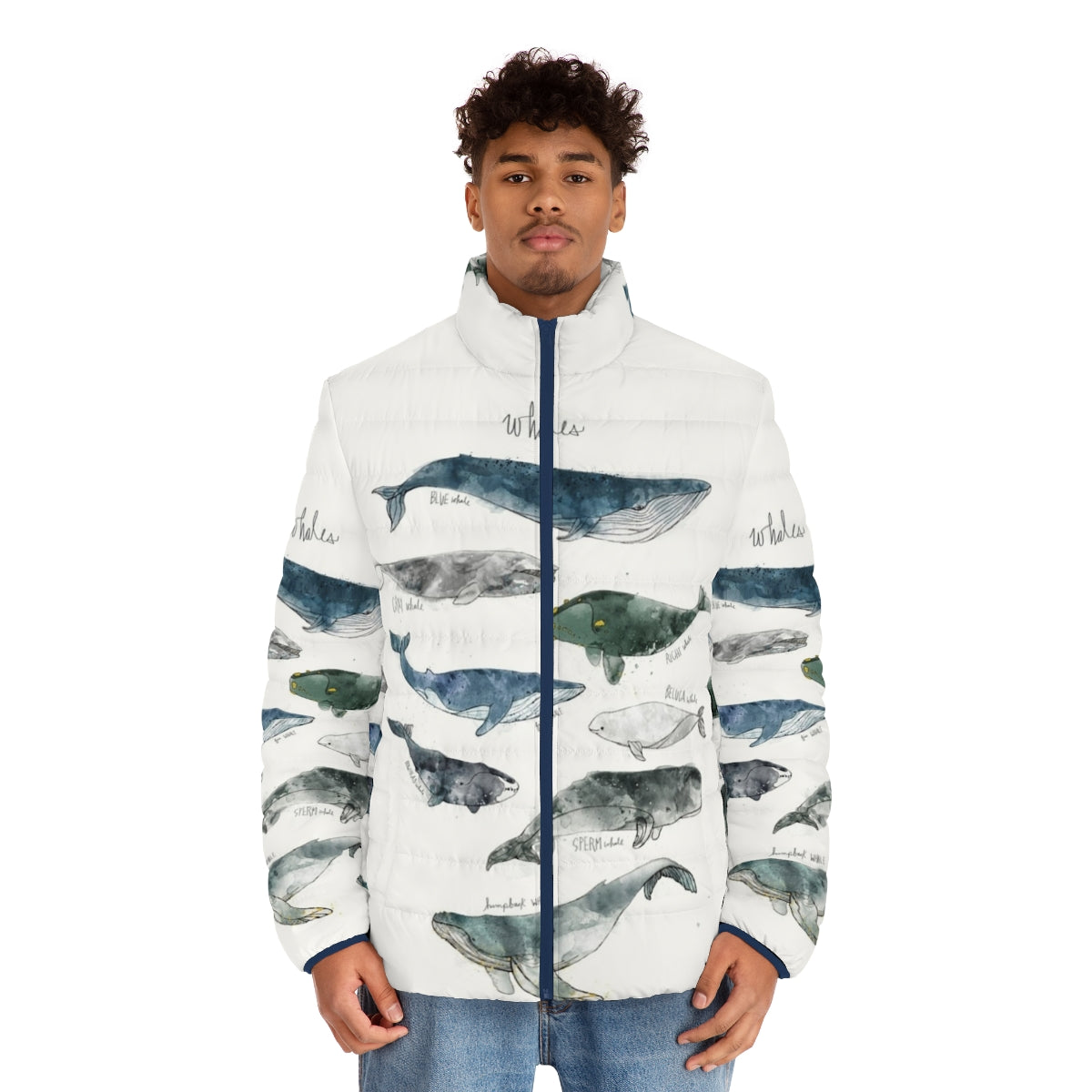 Whales Puffer Jacket with Watercolor Wildlife Design - men front