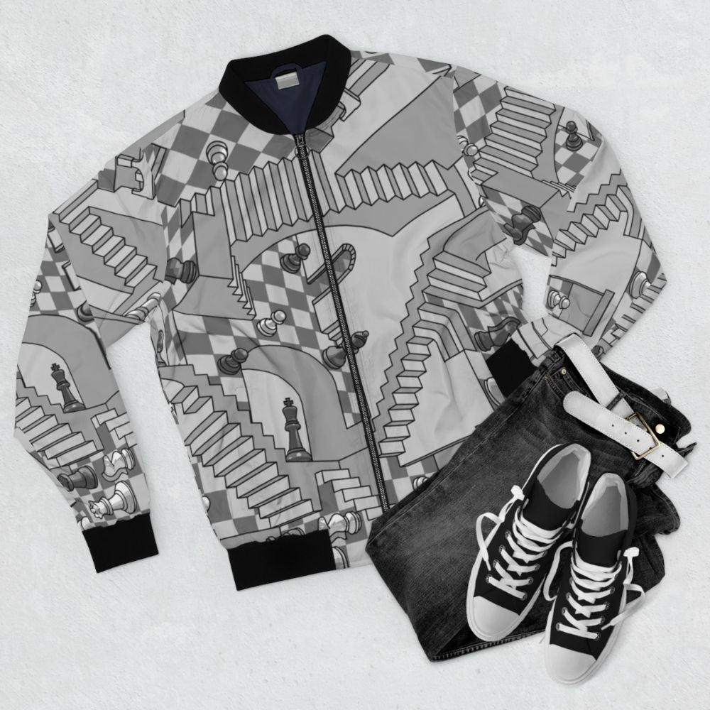 Retro chess checkerboard pattern bomber jacket - Flat lay