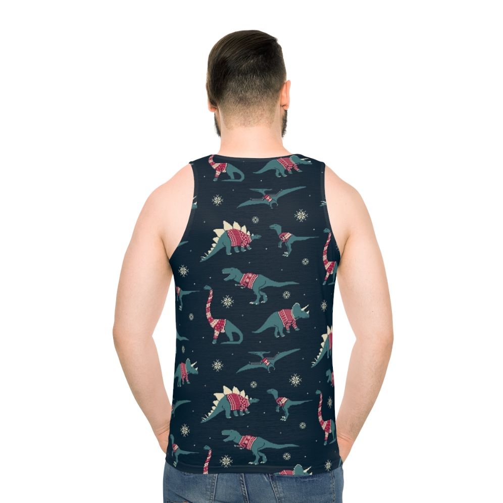 Unisex Dinos In Sweaters Tank Top featuring a graphic of dinosaurs wearing festive sweaters - men back