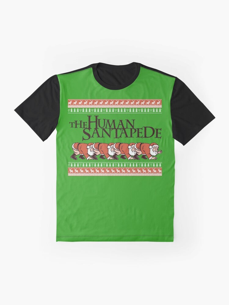 Human Centipede inspired graphic t-shirt design with a horrifying twist for the holiday season. - Flat lay