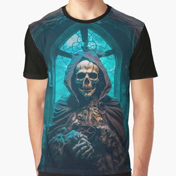 Gothic skeleton skull priest in a dark church graphic t-shirt design