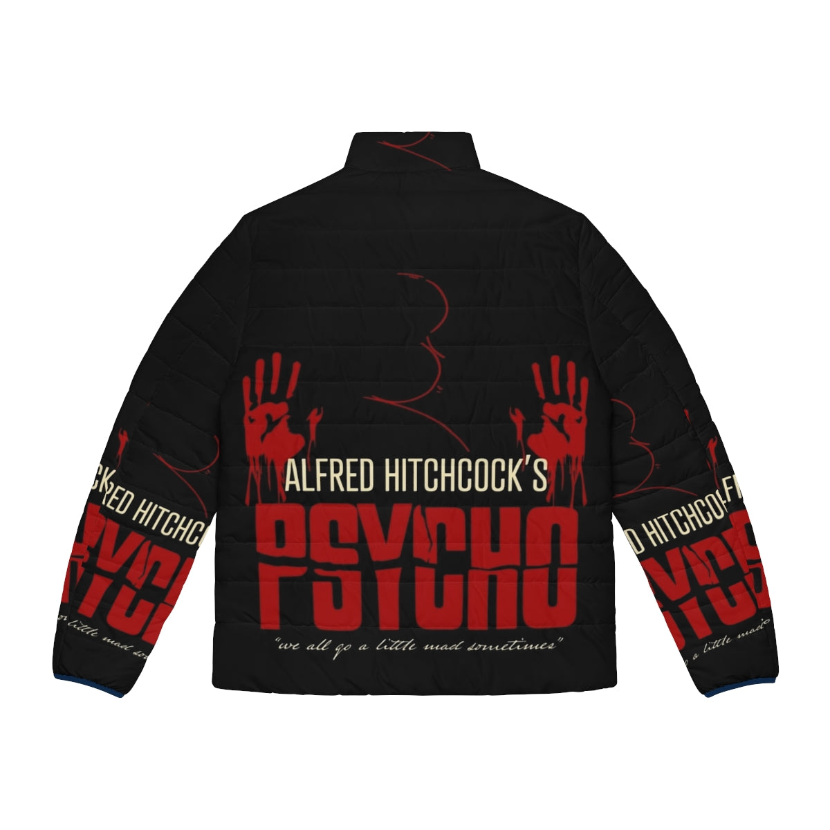 Alfred Hitchcock Psycho Puffer Jacket with birds and red and black color scheme - Back