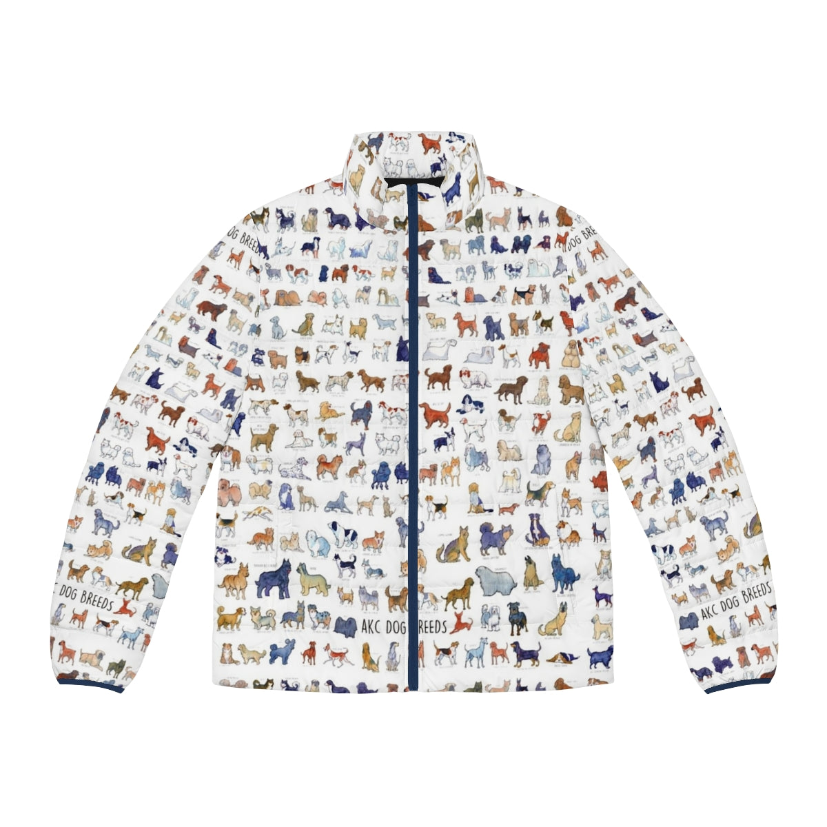 Puffer jacket featuring watercolor illustrations of all American Kennel Club dog breeds