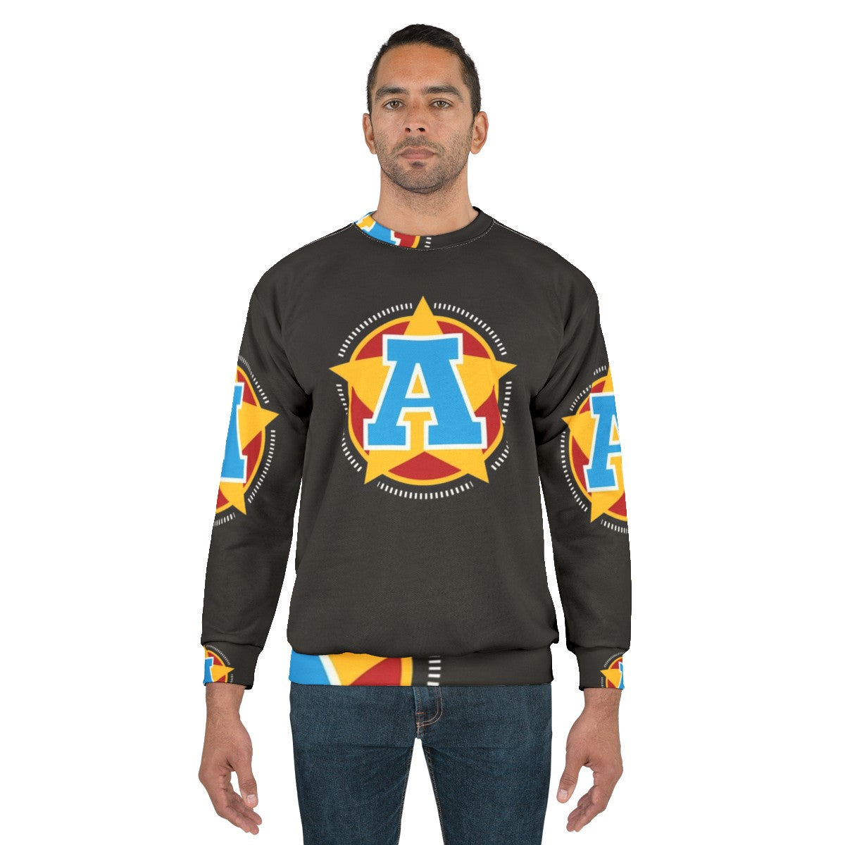 Patriotic superhero sweatshirt with letter A insignia and star and stripes design - men