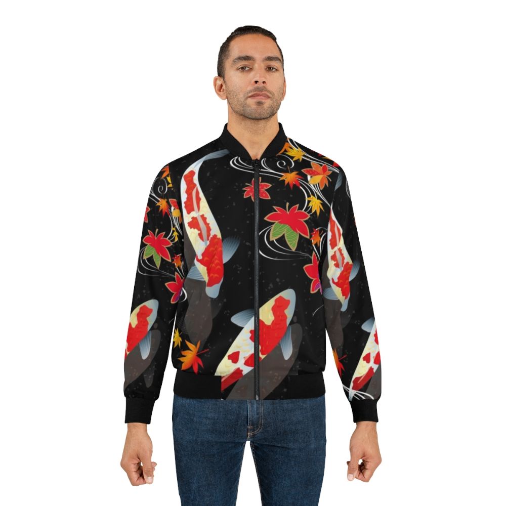 A stylish bomber jacket featuring a vibrant Japanese koi carp design - Lifestyle