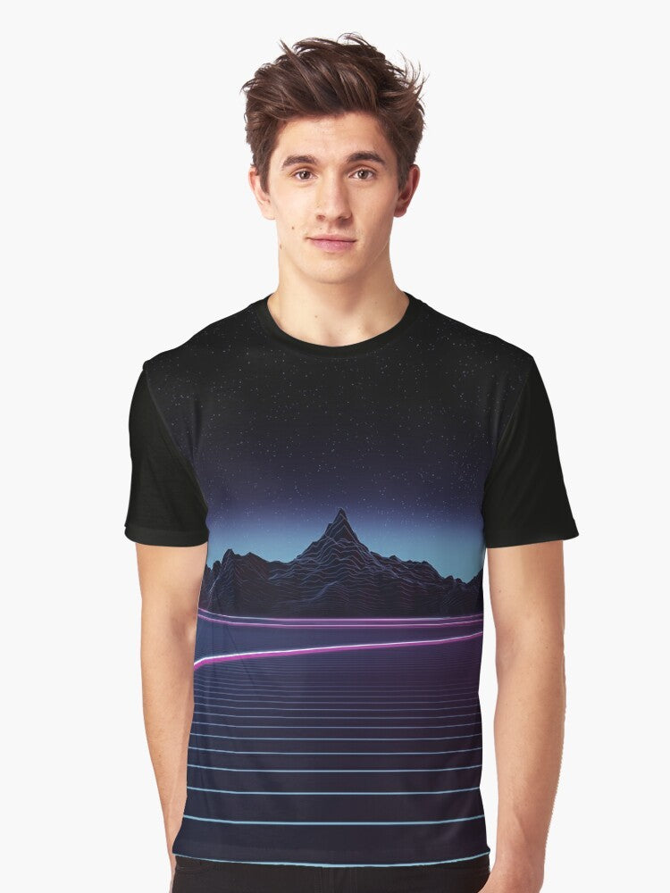 A retro-inspired t-shirt featuring a graphic design of a highway through a mountainous landscape, with a neon and gridline aesthetic reminiscent of 80s synthwave and vaporwave styles. - Men