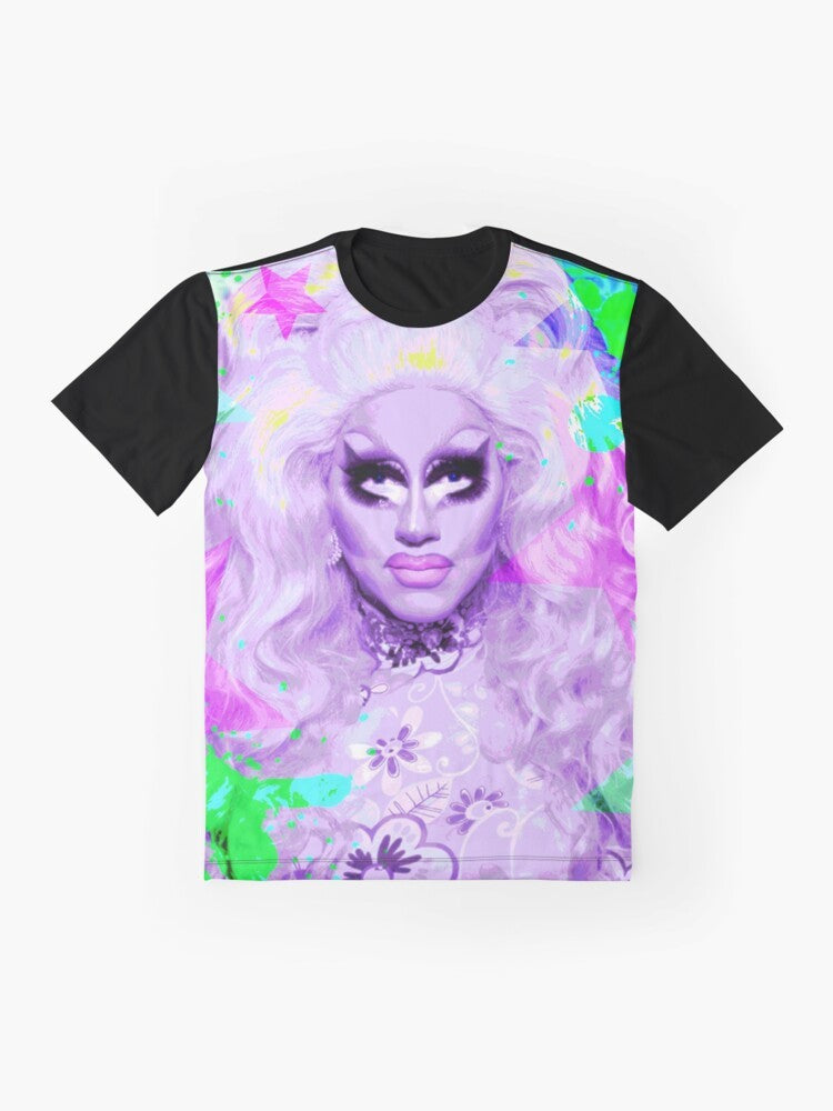 Trixie Mattel, a drag queen icon, featured on a colorful graphic t-shirt design - Flat lay