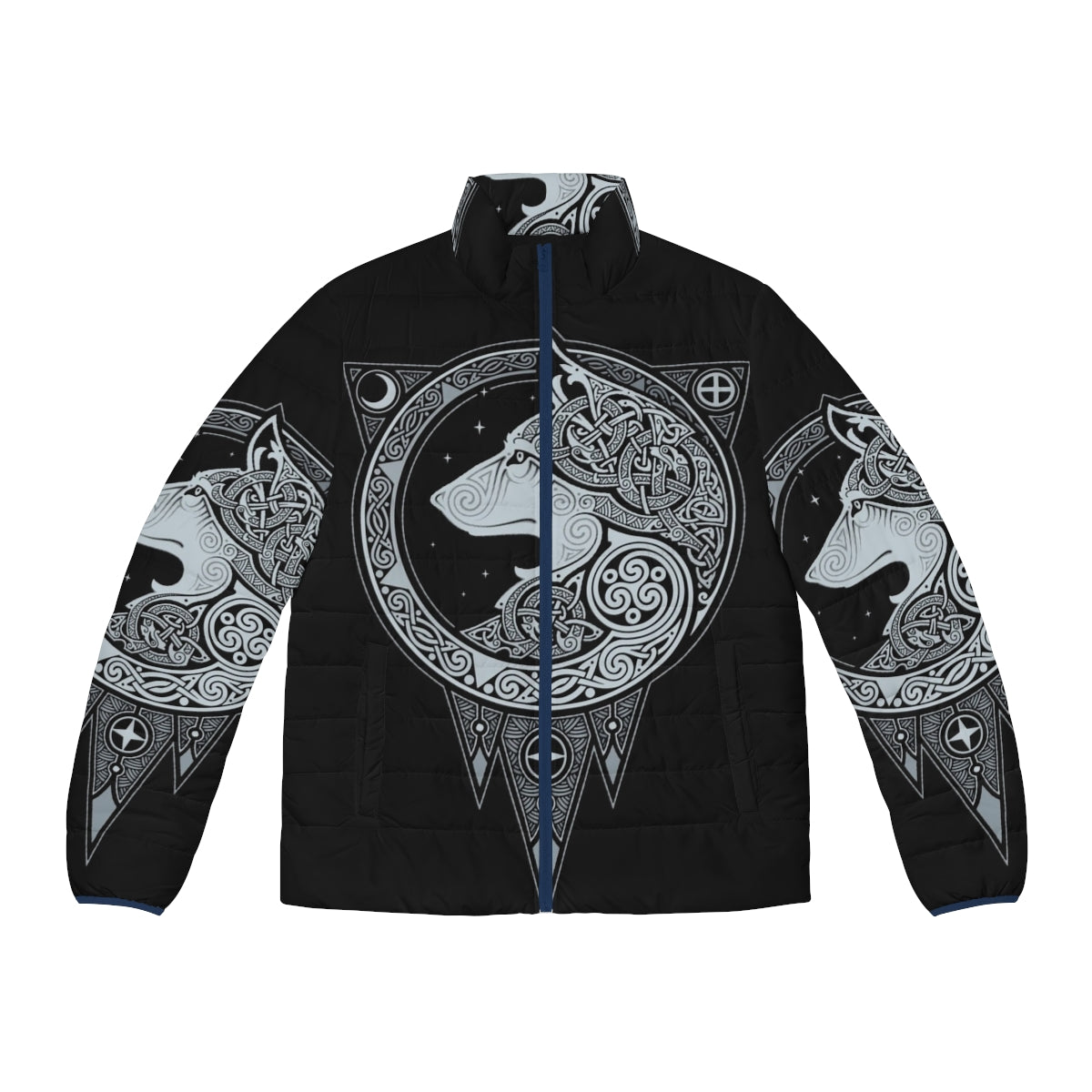 Norse Ulv Silver Puffer Jacket with Mystical Wolf Graphic