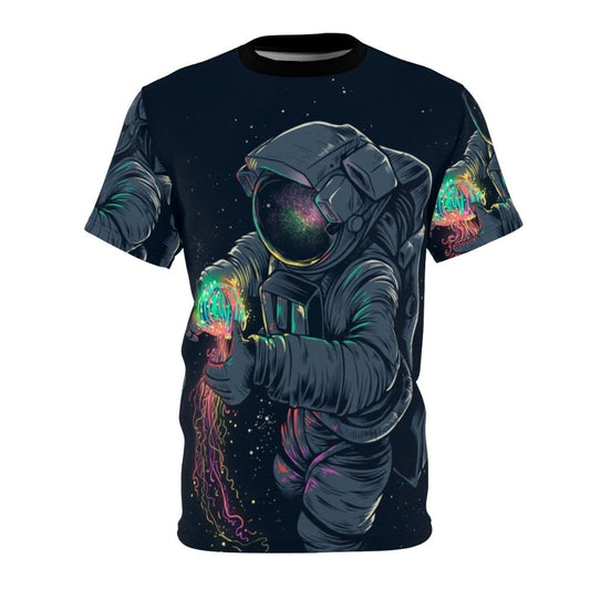 Model wearing a t-shirt featuring a colorful, intergalactic jellyfish design against a starry space backdrop.