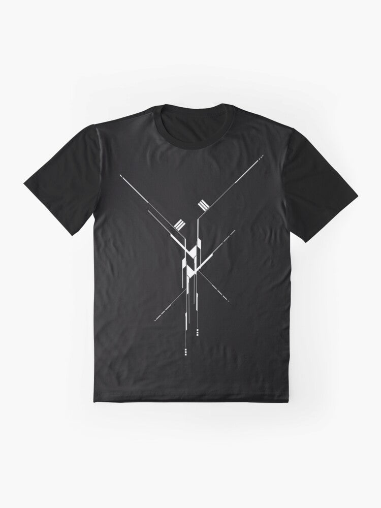 Geometric futuristic lines graphic design on a t-shirt - Flat lay