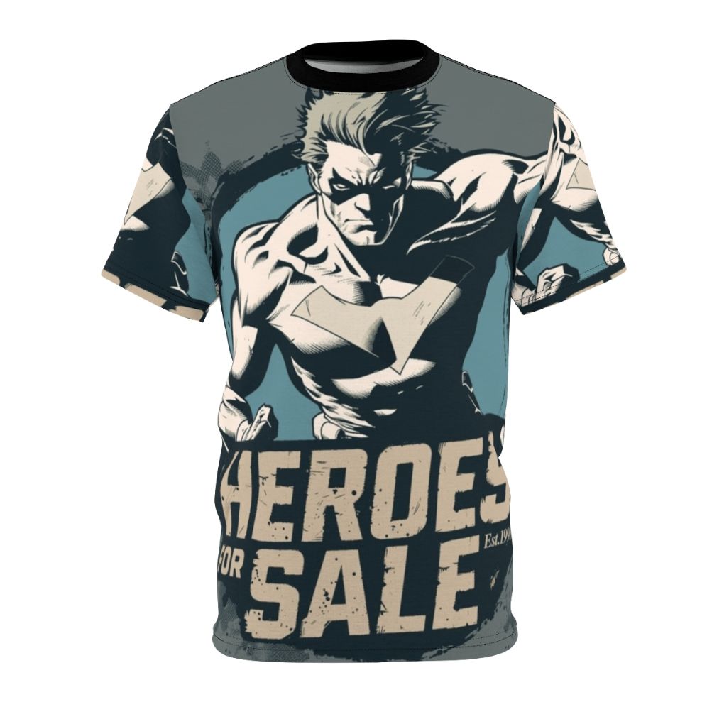 Vintage-style monochrome t-shirt design featuring a superhero character with the text "Heroes For Sale Est 1993"