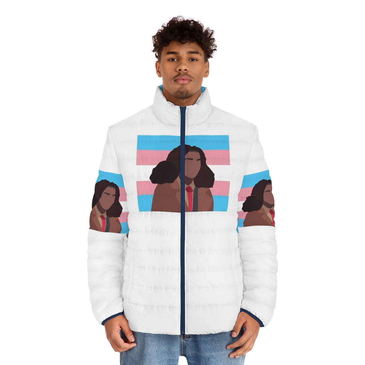 Elle Argent Trans Flag Puffer Jacket, Heartstopper Inspired LGBTQ+ Fashion - men front