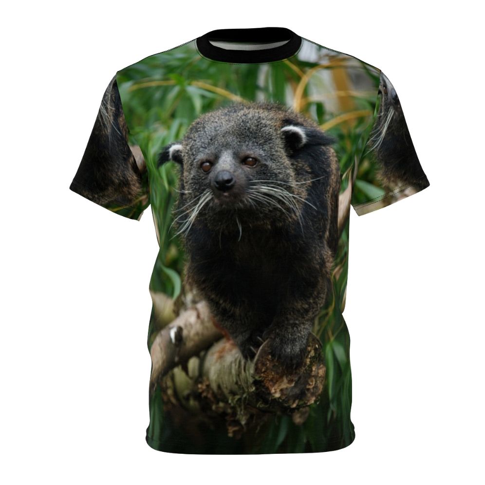 Photograph of a Binturong, also known as a Bearcat, wearing a custom t-shirt with a binturong-themed graphic.