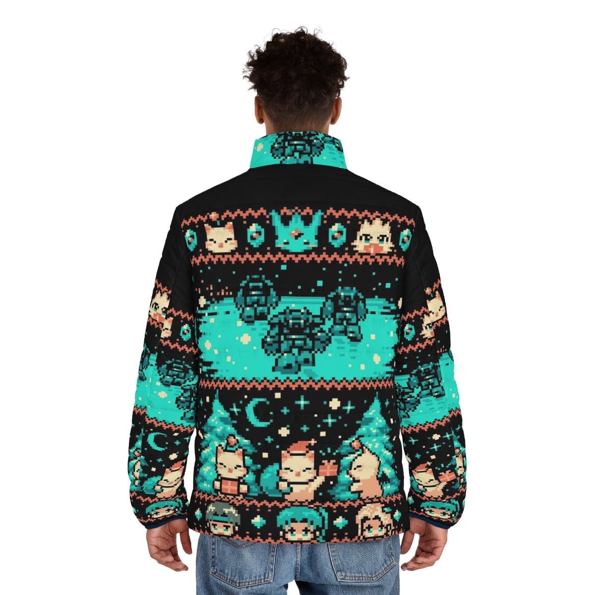 Cozy winter fantasy puffer jacket with retro pixel art design - men back