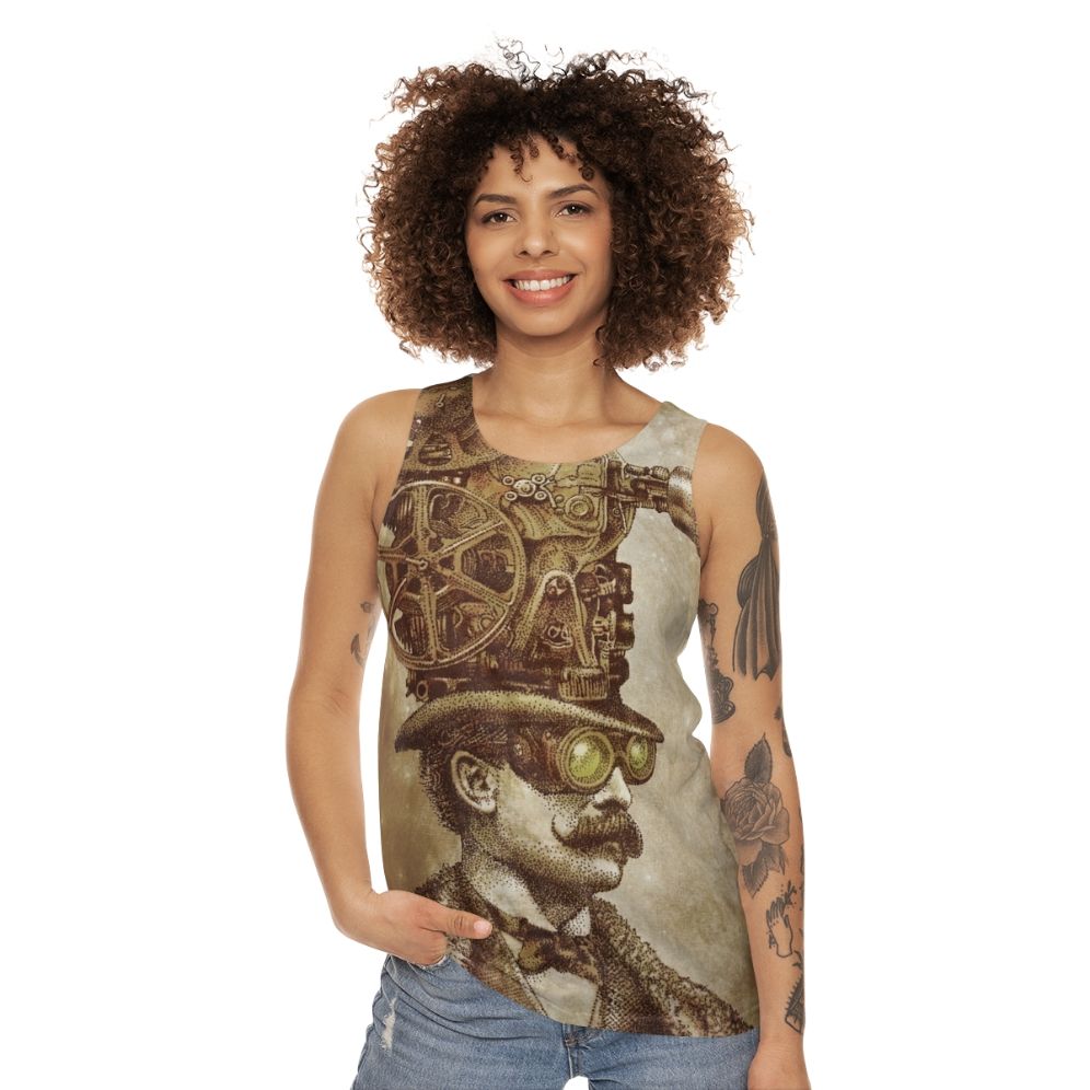 Unisex steampunk tank top with fantasy illustration of a movie projector - women