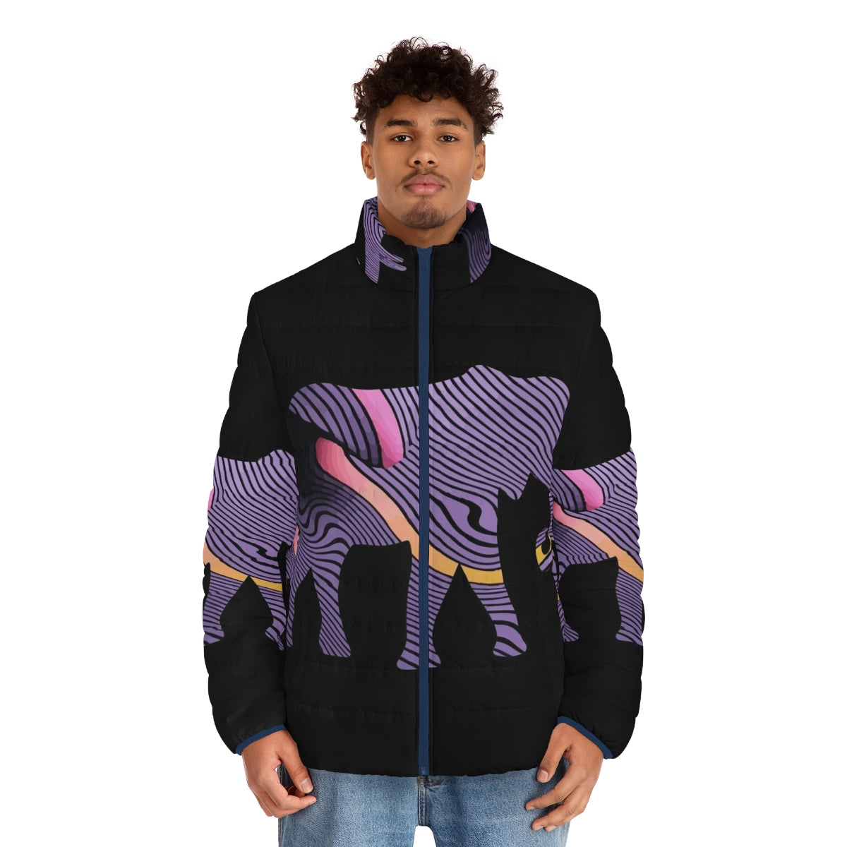 Tame Impala Elephant Puffer Jacket with Full Body Design - men front