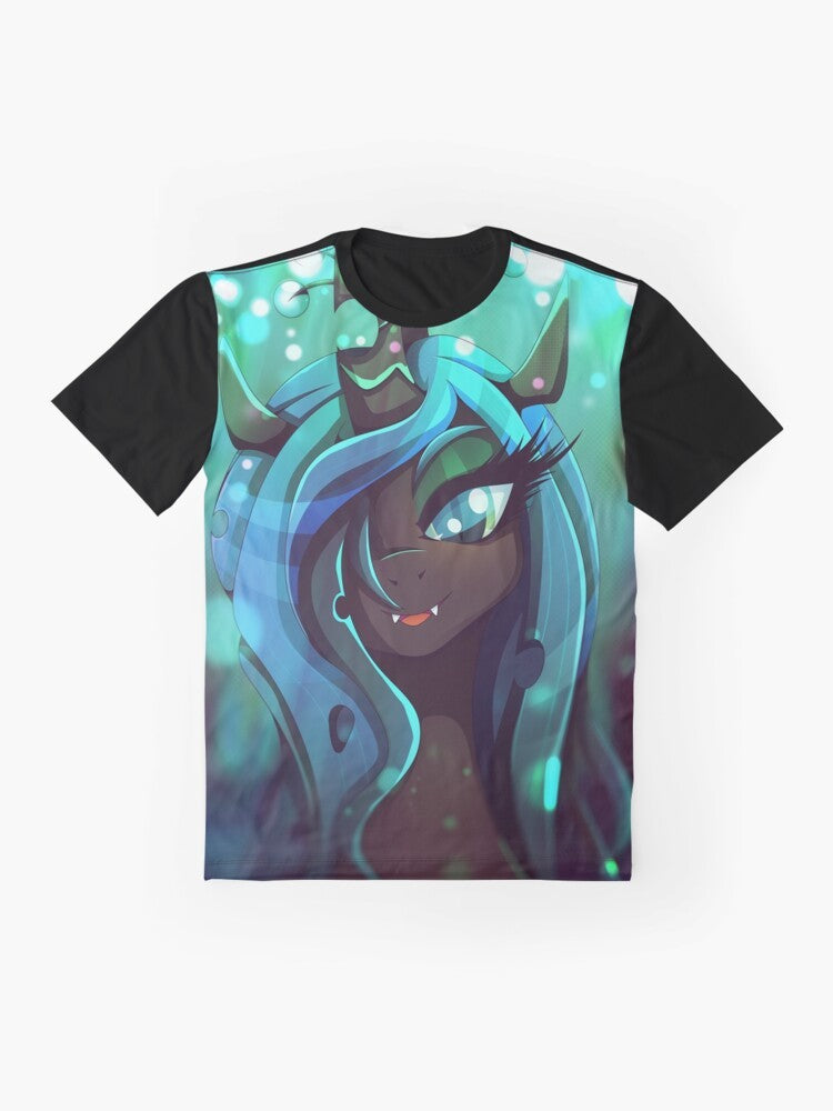 Queen Chrysalis, the changeling from My Little Pony, featured on a graphic t-shirt - Flat lay