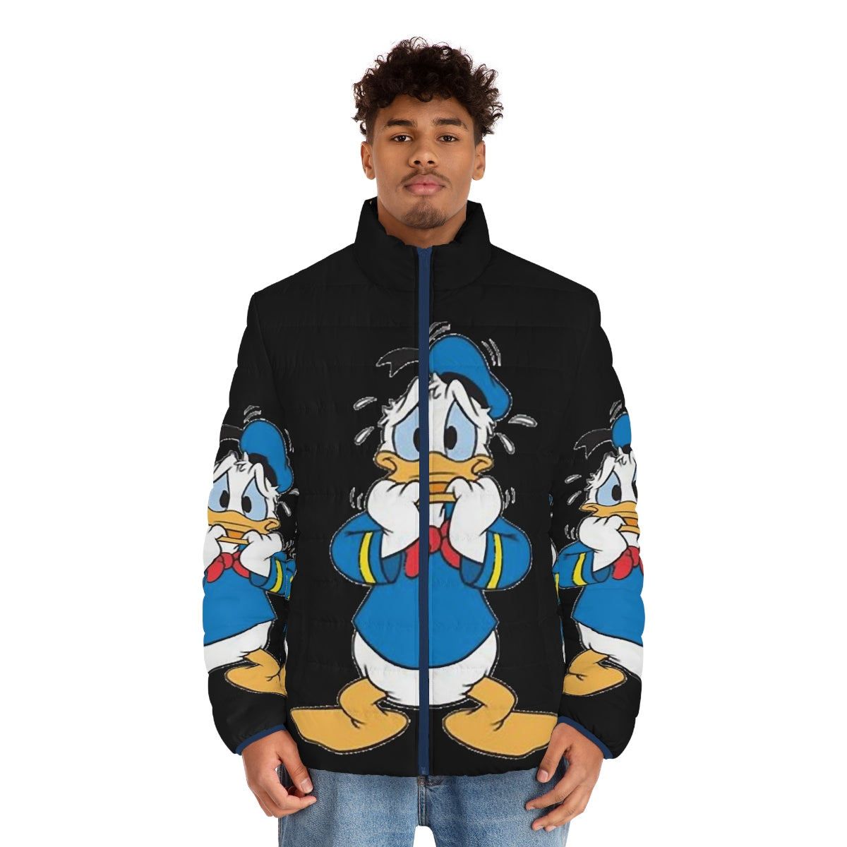 Amusing Donald Duck-inspired puffer jacket with cartoon graphics - men front